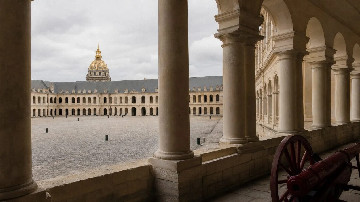Der Hauptinnenhof von Les Invalides mit seinen zwei Ebenen von Arkadengängen