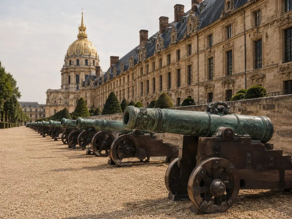 Bronzekanonen der Triumphbatterie, aufgereiht in den Gräben von Les Invalides