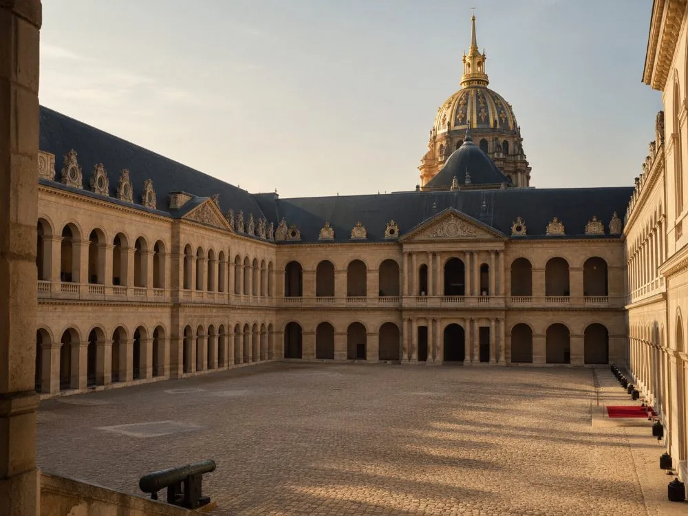 Der große Innenhof des Hôtel national des Invalides mit seinen zwei Etagen arkadengeschmückter Galerien